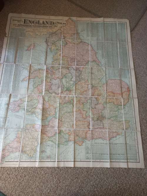 CLOTH MAP ENGLAND AND WALES GEOGRAFIC COUNTRIES AND BOROUGHS ALL RAILWAYS, STEAMSHIP LINES